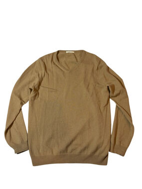 WoolOvers Merino Wool V Neck Sweater Camel Tan Minimalist Classic Preppy L
